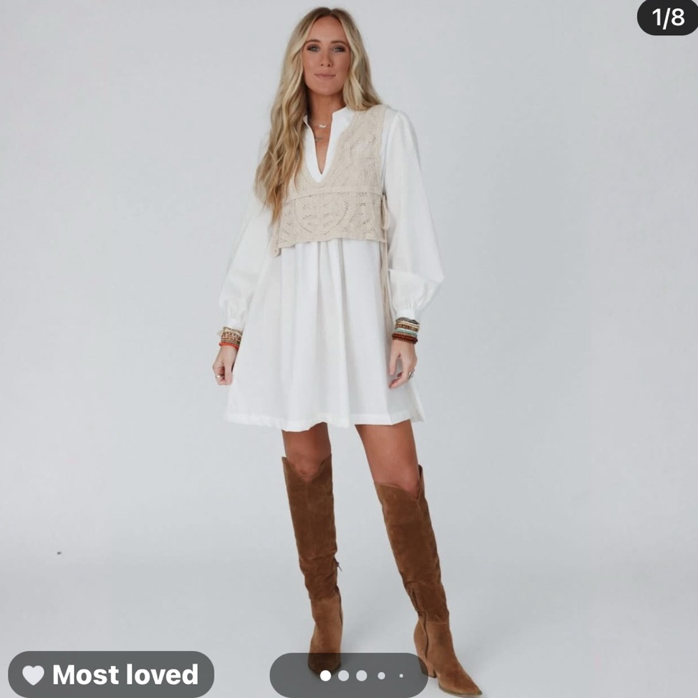 Elegant White and Tan Crochet Dress